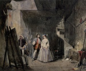Interieur van een kunstenaarsatelier met figuren in 18e-eeuwse kostuums